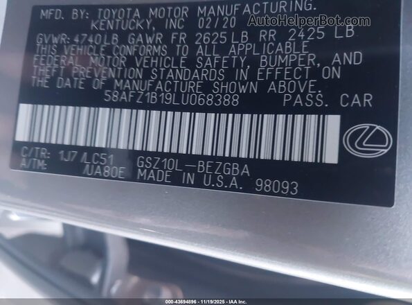 58AFZ1B19LU068388 2020 LEXUS ES 350 Серый Вид подкапотного пространства