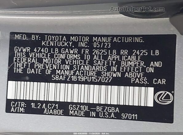 58AFZ1B19PU157027 2023 LEXUS ES 350 Silver Вид підкапотного простору