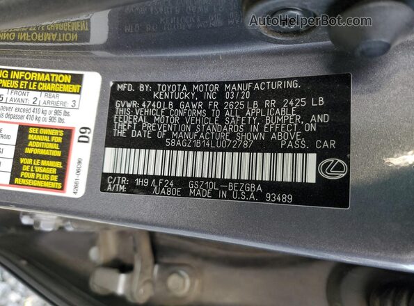 58AGZ1B14LU072787 2020 LEXUS ES Серый Вид наклейки с VIN-кодом