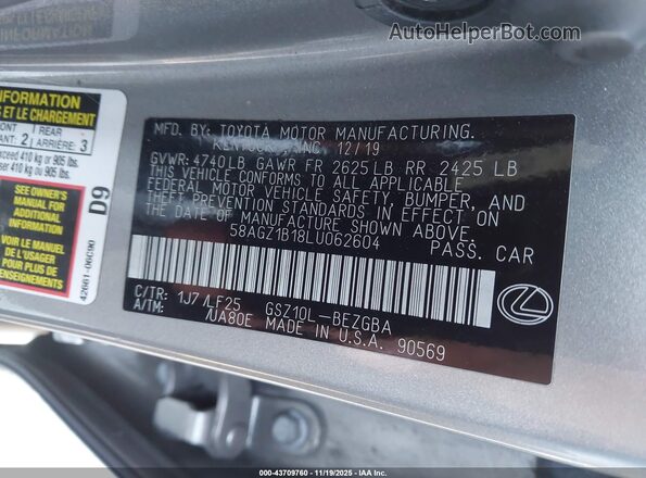 58AGZ1B18LU062604 2020 LEXUS ES 350 Серебряный Вид подкапотного пространства