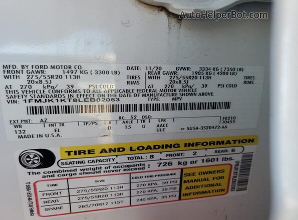 1FMJK1KT8LEB02063 2020 FORD EXPEDITION White VIN კოდის სტიკერის ხედი