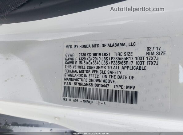 5FNRL5H63HB015447 2017 HONDA ODYSSEY White 
