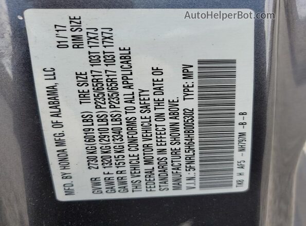 5FNRL5H64HB005302 2017 HONDA ODYSSEY Gray Вид наклейки з VIN-кодом