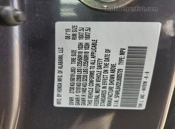 5FNRL6H22LB005729 2020 HONDA ODYSSEY Gray Widok naklejki z numerem VIN