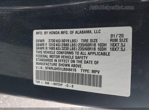 5FNRL6H51LB048419 2020 HONDA ODYSSEY Black Vista del compartimento del motor