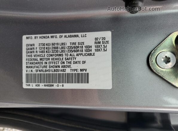 5FNRL6H51LB051482 2020 HONDA ODYSSEY Gray Вид наклейки з VIN-кодом
