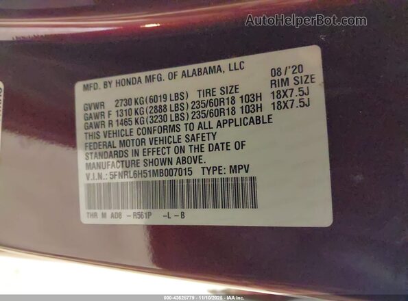 5FNRL6H51MB007015 2021 HONDA ODYSSEY Burgundy Շարժիչի բաժամունքի տեսք