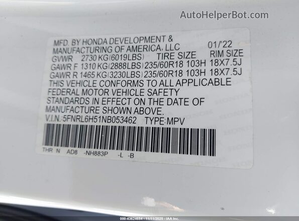 5FNRL6H51NB053462 2022 HONDA ODYSSEY Белый Вид подкапотного пространства