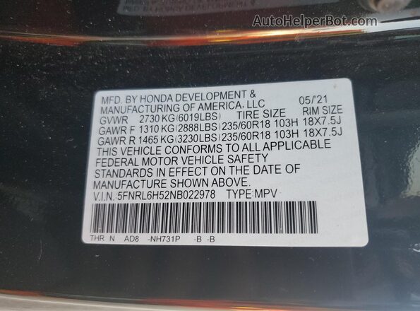 5FNRL6H52NB022978 2022 HONDA ODYSSEY Black Widok naklejki z numerem VIN