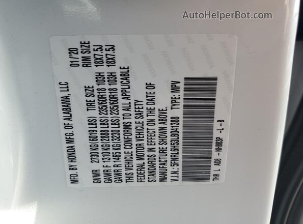 5FNRL6H53LB041388 2020 HONDA ODYSSEY White Vista de la etiqueta del VIN