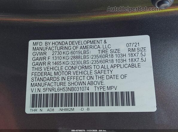 5FNRL6H53NB031074 2022 HONDA ODYSSEY Gray Вид підкапотного простору