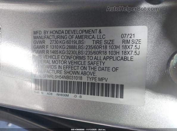 5FNRL6H54NB031018 2022 HONDA ODYSSEY Silver 