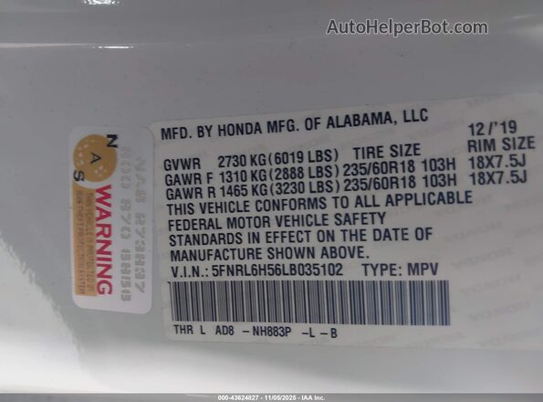 5FNRL6H56LB035102 2020 HONDA ODYSSEY White Вид підкапотного простору
