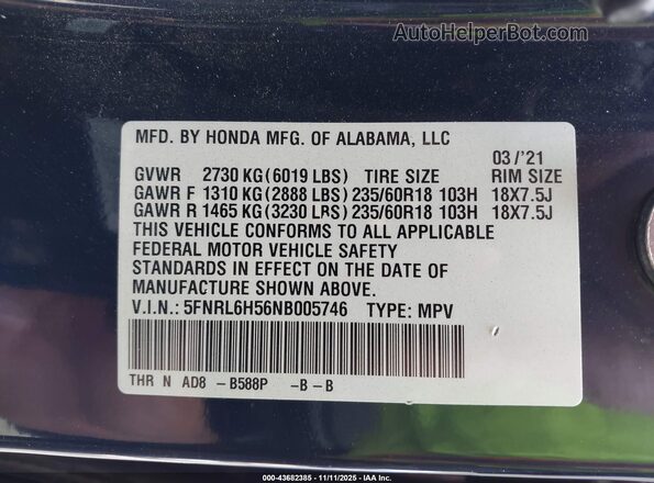 5FNRL6H56NB005746 2022 HONDA ODYSSEY Blue Շարժիչի բաժամունքի տեսք
