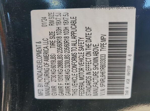5FNRL6H61RB033033 2024 HONDA ODYSSEY Black Widok wnętrza 360 stopni