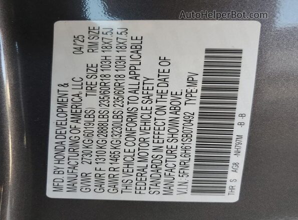 5FNRL6H61SB070492 2025 HONDA ODYSSEY Charcoal VIN კოდის სტიკერის ხედი