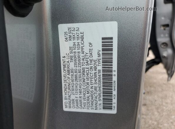 5FNRL6H63SB064788 2025 HONDA ODYSSEY Silver Вид наклейки з VIN-кодом