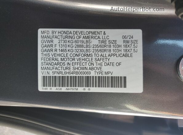 5FNRL6H64RB069069 2024 HONDA ODYSSEY Charcoal VIN կոդի պիտակի տեսք