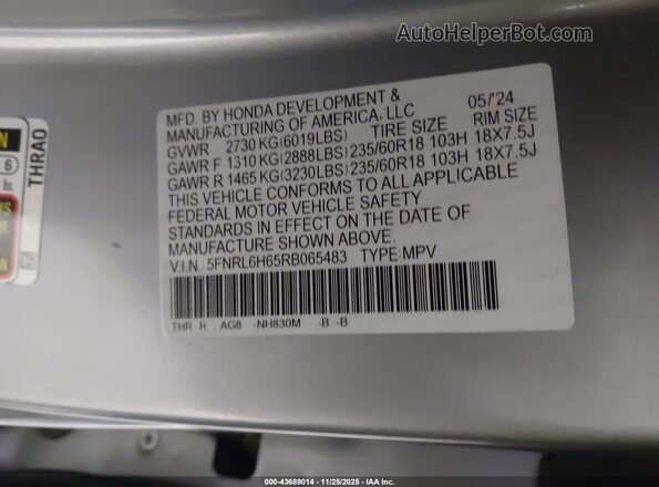 5FNRL6H65RB065483 2024 HONDA ODYSSEY Gray Vista del compartimento del motor