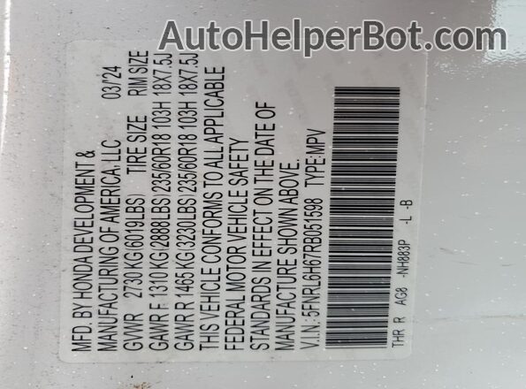 5FNRL6H67RB051598 2024 HONDA ODYSSEY White VIN sticker view
