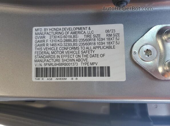 5FNRL6H68RB001373 2024 HONDA ODYSSEY Silver VIN sticker view