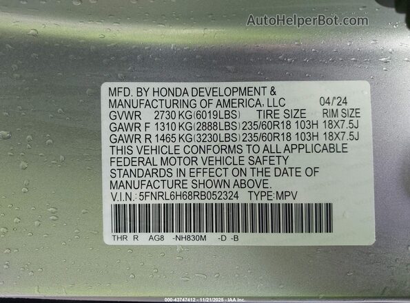 5FNRL6H68RB052324 2024 HONDA ODYSSEY Silver Вид підкапотного простору