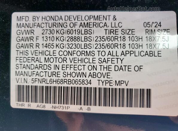 5FNRL6H68RB065834 2024 HONDA ODYSSEY Black VIN կոդի պիտակի տեսք