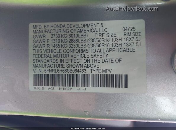 5FNRL6H68SB064463 2025 HONDA ODYSSEY Серебряный Вид задних сидений
