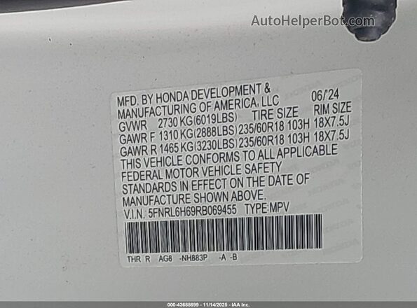 5FNRL6H69RB069455 2024 HONDA ODYSSEY White Вид підкапотного простору