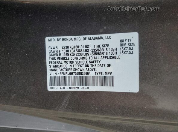 5FNRL6H70JB036664 2018 HONDA ODYSSEY Brown 