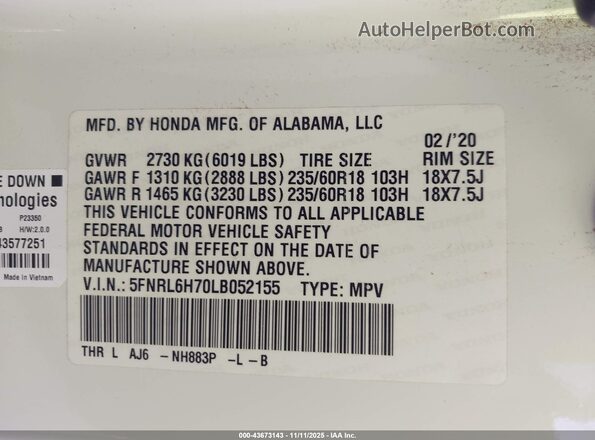 5FNRL6H70LB052155 2020 HONDA ODYSSEY White Vista del compartimento del motor