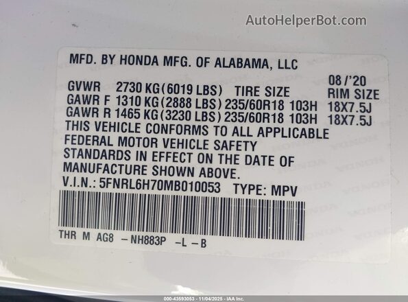 5FNRL6H70MB010053 2021 HONDA ODYSSEY White Widok komory silnika