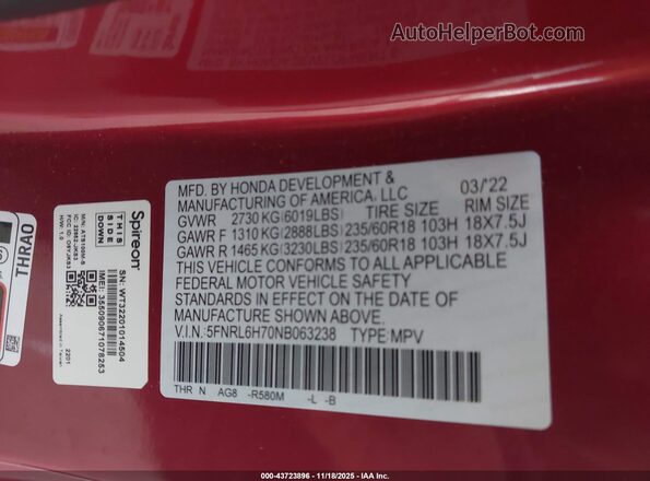 5FNRL6H70NB063238 2022 HONDA ODYSSEY Red Вид підкапотного простору