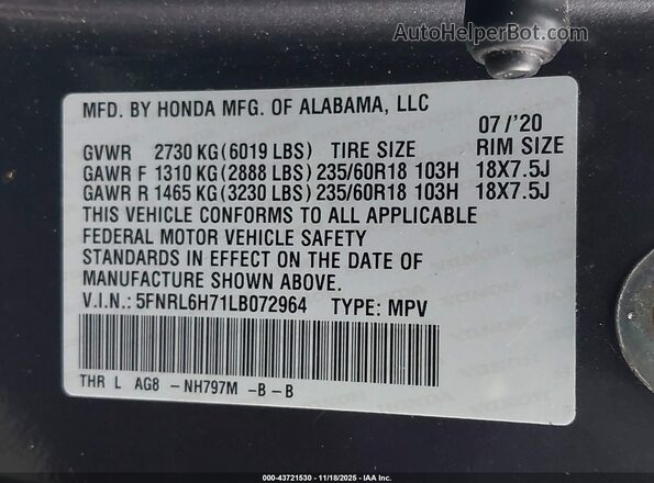 5FNRL6H71LB072964 2020 HONDA ODYSSEY Blue ძრავის განყოფილების ხედი