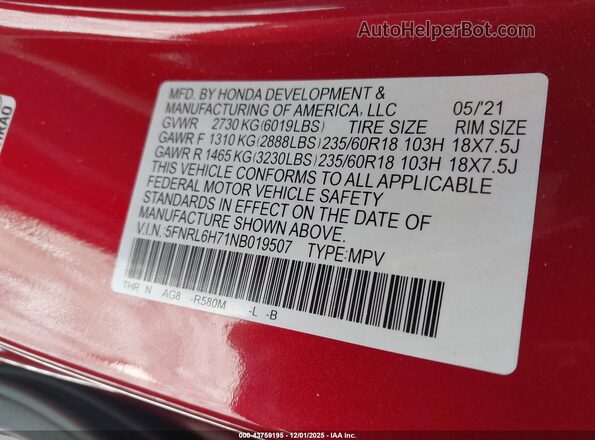 5FNRL6H71NB019507 2022 HONDA ODYSSEY Red Շարժիչի բաժամունքի տեսք