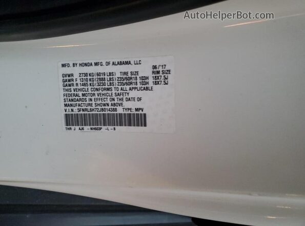 5FNRL6H72JB014388 2018 HONDA ODYSSEY White 