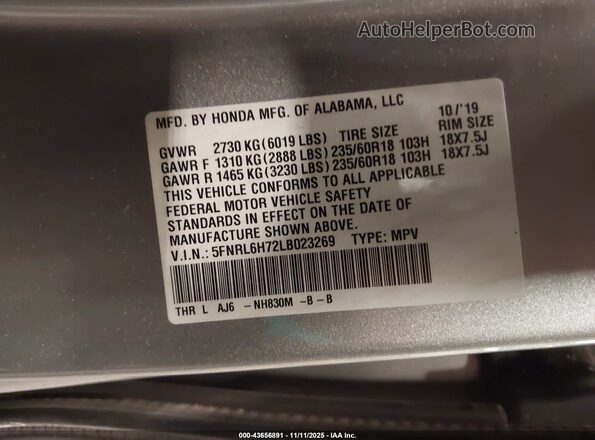 5FNRL6H72LB023269 2020 HONDA ODYSSEY Серебряный Вид подкапотного пространства