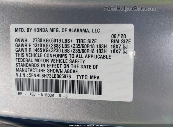 5FNRL6H73LB065076 2020 HONDA ODYSSEY Silver Engine compartment view