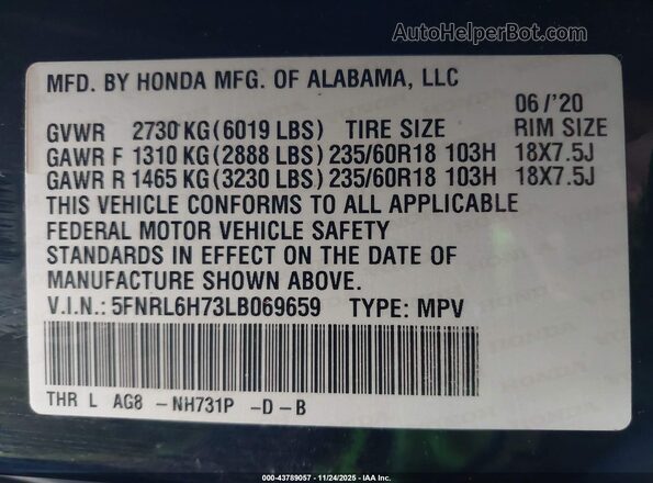 5FNRL6H73LB069659 2020 HONDA ODYSSEY Black Շարժիչի բաժամունքի տեսք