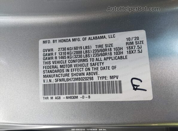 5FNRL6H73MB020298 2021 HONDA ODYSSEY Silver Շարժիչի բաժամունքի տեսք