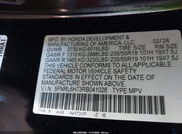 5FNRL6H73RB041028 2024 HONDA ODYSSEY Black Engine compartment view