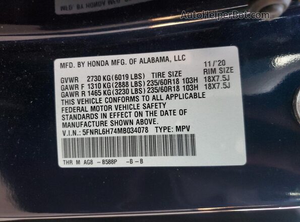 5FNRL6H74MB034078 2021 HONDA ODYSSEY Blue Engine compartment view