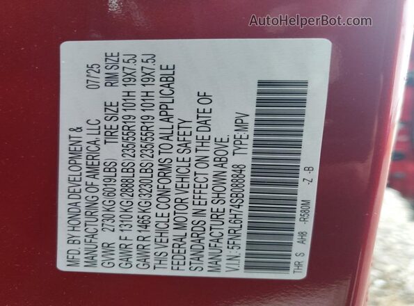 5FNRL6H74SB088848 2025 HONDA ODYSSEY Burgundy Vista de la etiqueta del VIN