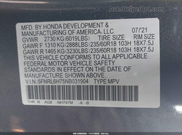 5FNRL6H75NB031904 2022 HONDA ODYSSEY Серый Вид подкапотного пространства
