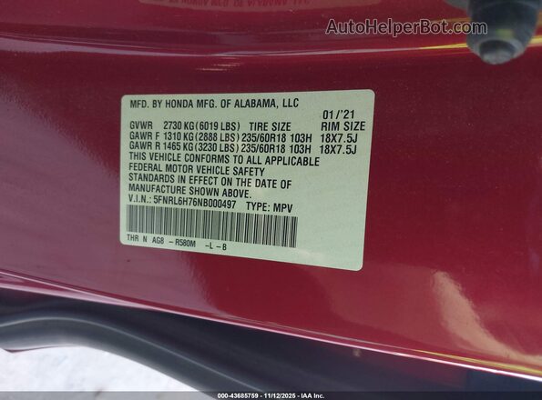 5FNRL6H76NB000497 2022 HONDA ODYSSEY Red Vista del compartimento del motor