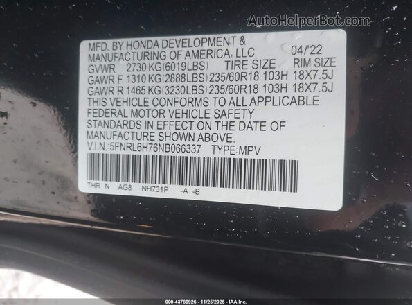 5FNRL6H76NB066337 2022 HONDA ODYSSEY Black Vista del compartimento del motor