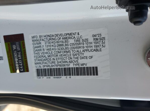 5FNRL6H76PB056197 2023 HONDA ODYSSEY White VIN կոդի պիտակի տեսք