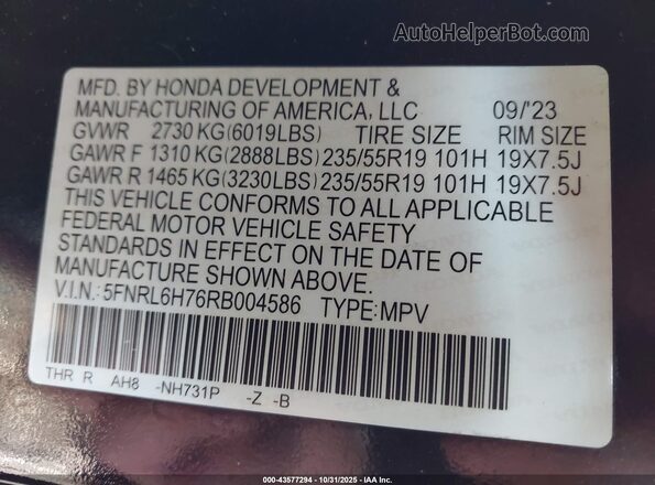 5FNRL6H76RB004586 2024 HONDA ODYSSEY Black Շարժիչի բաժամունքի տեսք
