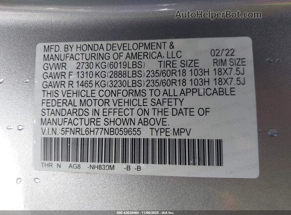 5FNRL6H77NB059655 2022 HONDA ODYSSEY Silver 