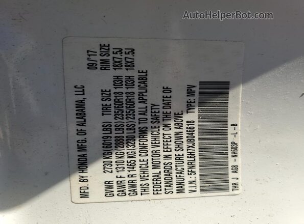 5FNRL6H7XJB046618 2018 HONDA ODYSSEY Белый 